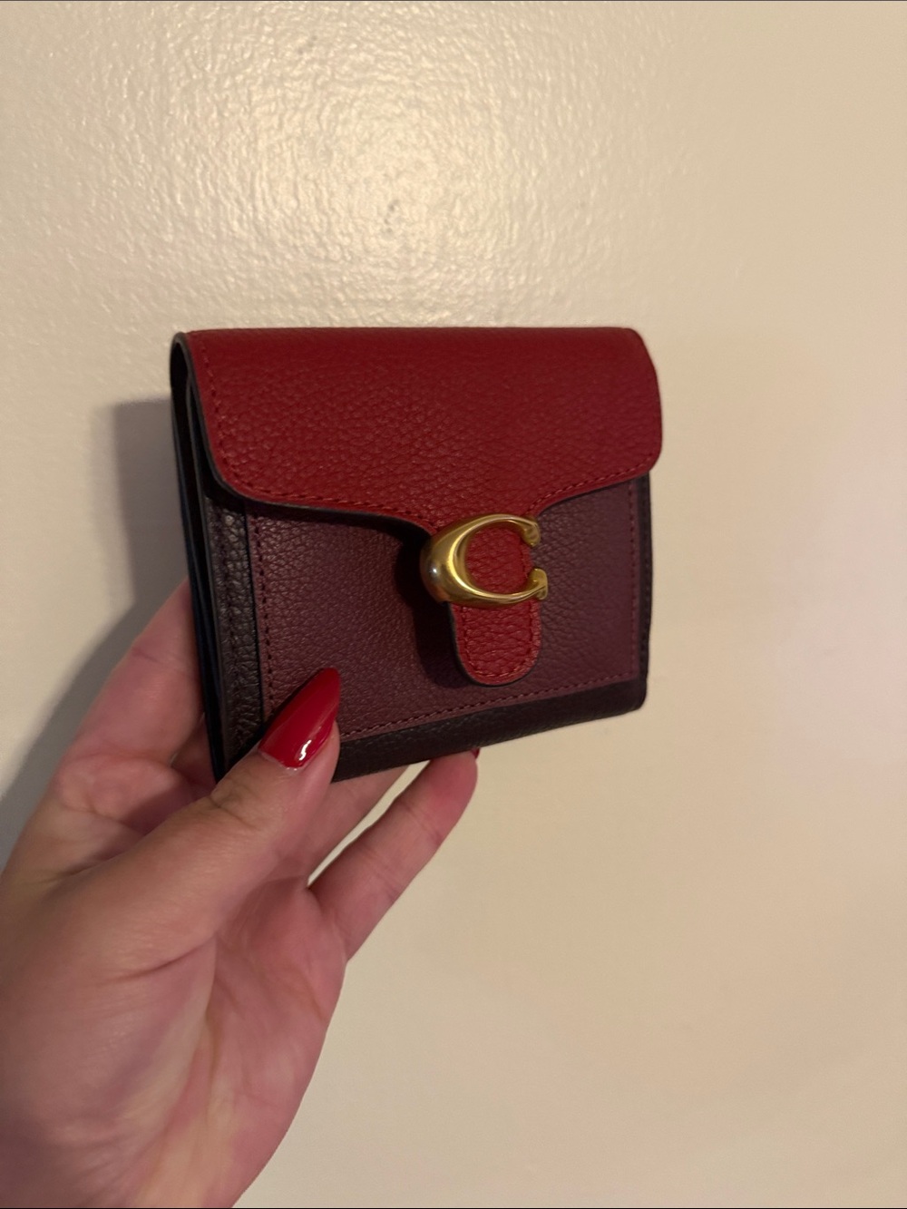Coach Bicolor Red and Brown Leather Small Wallet with Gold C Hardware